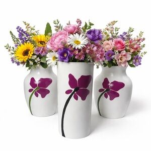 White Floral Ceramic Vases with Purple Orchid- Home Accents